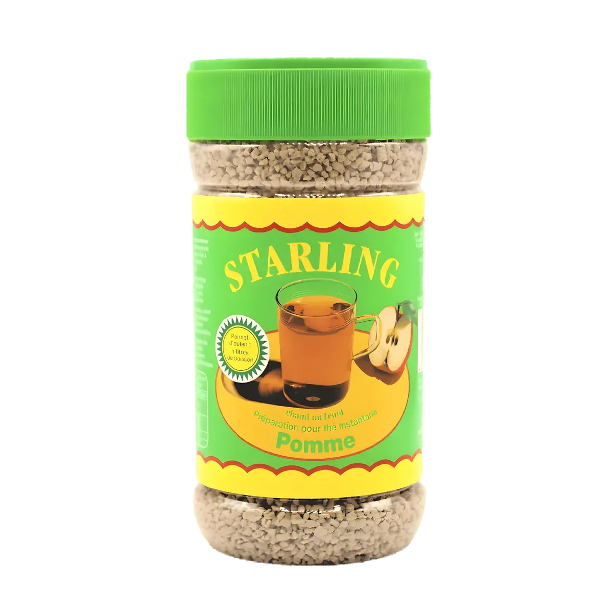 Thé à la pomme STARLING en pot avec couvercle vert, thé instantané à préparation rapide, saveur pomme naturelle.